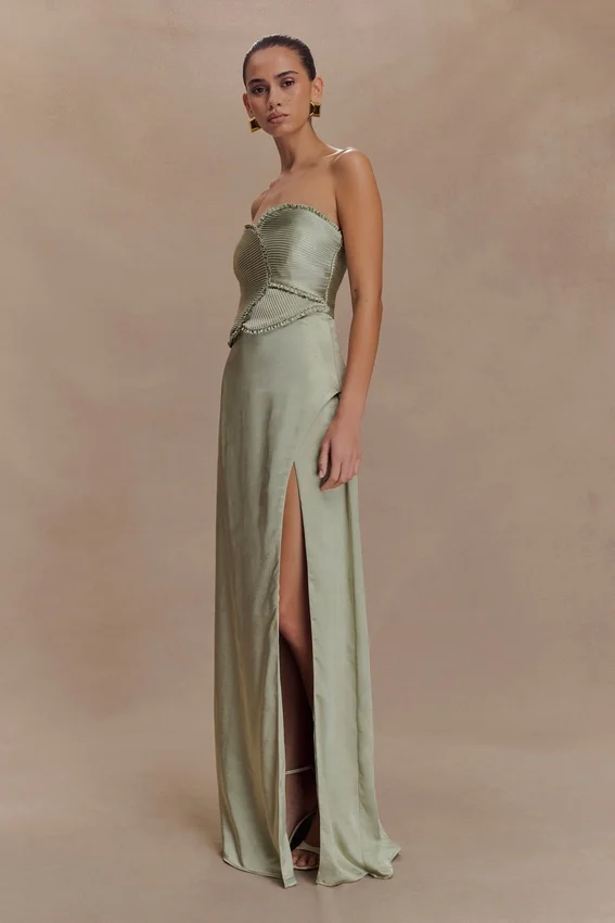 Larissa Satin Maxi Dress With Ruched Petals – Sage Larissa Satin Maxi Dress With Ruched Petals – Sage