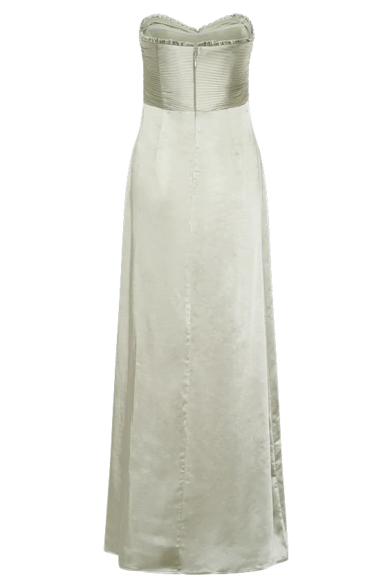Larissa Satin Maxi Dress With Ruched Petals – Sage Larissa Satin Maxi Dress With Ruched Petals – Sage