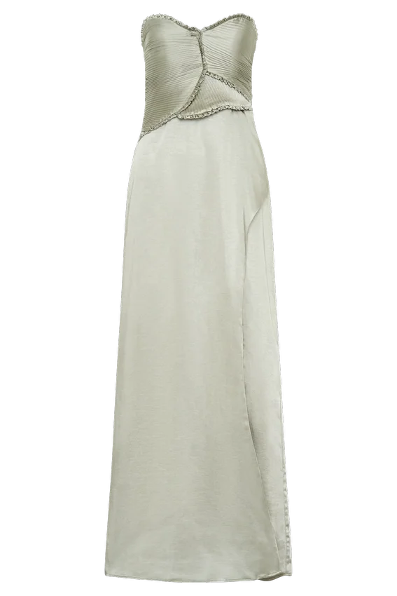 Larissa Satin Maxi Dress With Ruched Petals – Sage Larissa Satin Maxi Dress With Ruched Petals – Sage