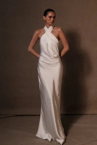 Laura Halter Satin Gown – White