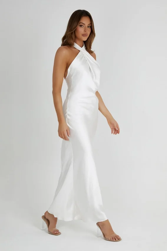 Laura Halter Satin Gown – White Laura Halter Satin Gown – White