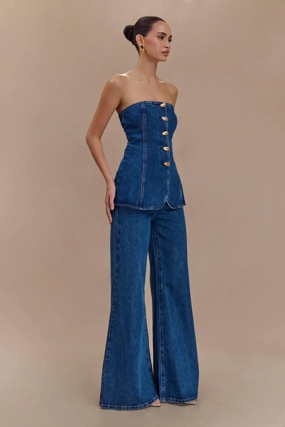 Lennox Strapless Long Line Button Top – Dark Blue Lennox Strapless Long Line Button Top – Dark Blue