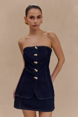 Lennox Strapless Long Line Button Top – Indigo Blue