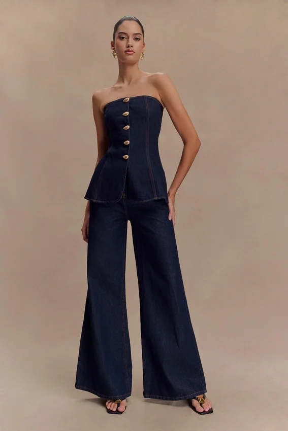 Lennox Strapless Long Line Button Top – Indigo Blue Lennox Strapless Long Line Button Top – Indigo Blue