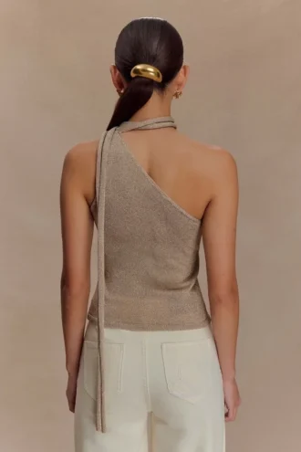 Leone One Shoulder Metallic Knit Top – Gold