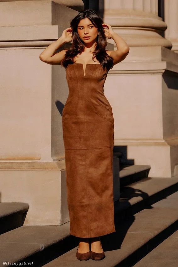 Liam Faux Suede Maxi Dress – Dark Chocolate Liam Faux Suede Maxi Dress – Dark Chocolate