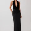 Lien Mesh Velvet Plunge Midi Dress – Black
