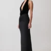 Lien Mesh Velvet Plunge Midi Dress – Black