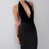 Lien Mesh Velvet Plunge Midi Dress – Black