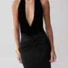 Lien Mesh Velvet Plunge Midi Dress – Black