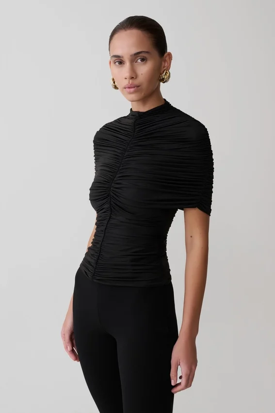 Linh Slinky High Neck Gathered Top – Black Linh Slinky High Neck Gathered Top – Black