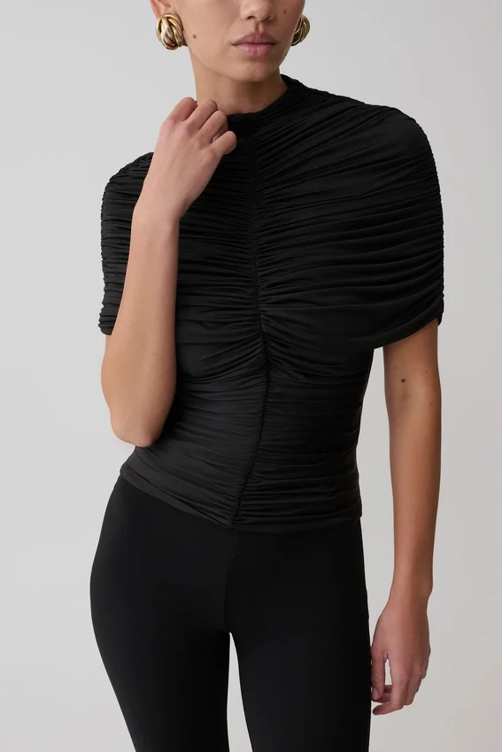 Linh Slinky High Neck Gathered Top – Black Linh Slinky High Neck Gathered Top – Black