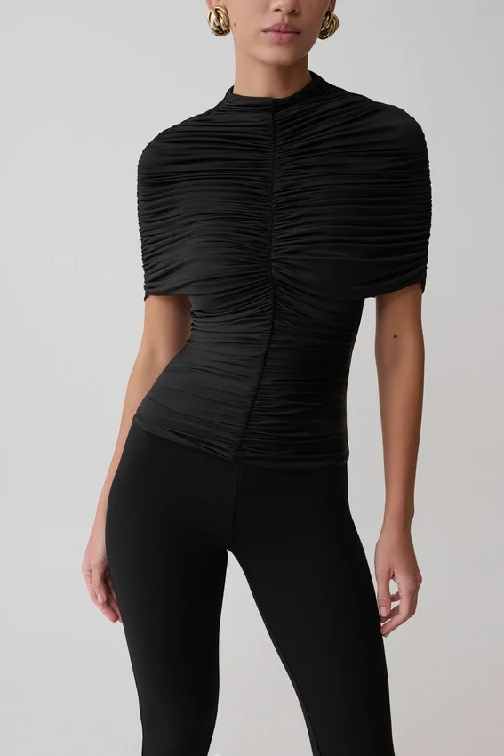 Linh Slinky High Neck Gathered Top – Black Linh Slinky High Neck Gathered Top – Black