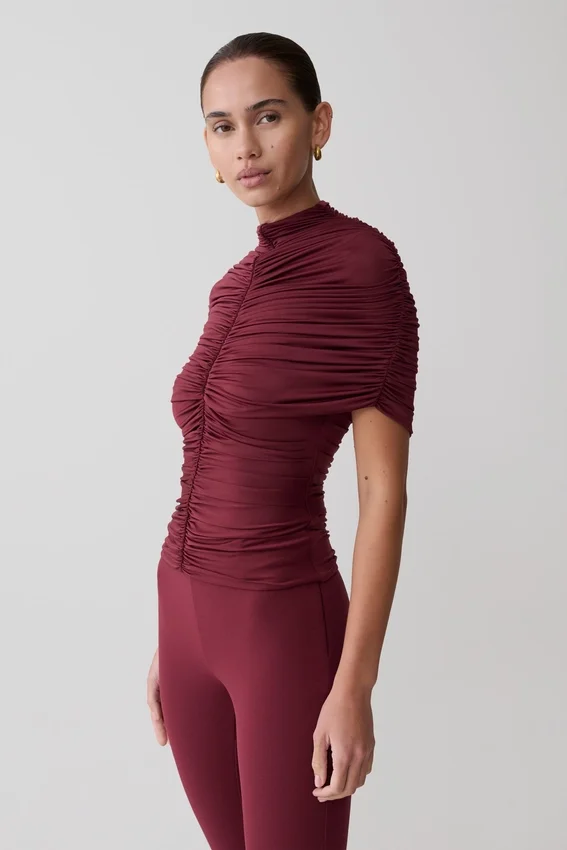 Linh Slinky High Neck Gathered Top – Mahogany Linh Slinky High Neck Gathered Top – Mahogany