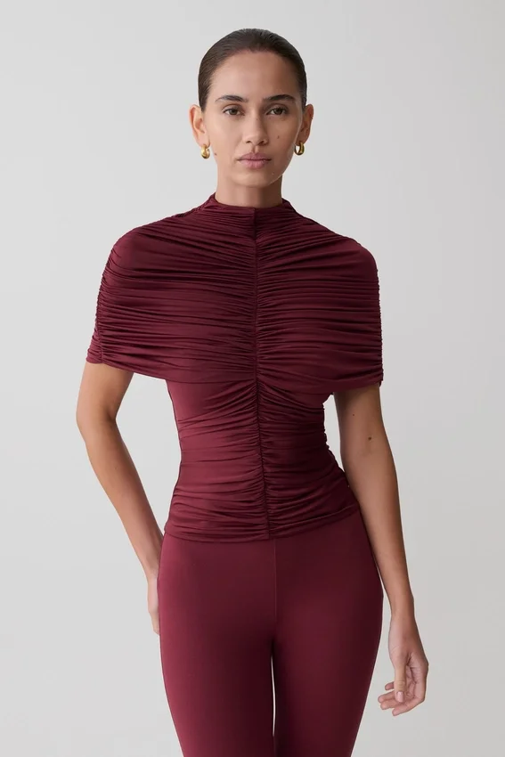 Linh Slinky High Neck Gathered Top – Mahogany Linh Slinky High Neck Gathered Top – Mahogany