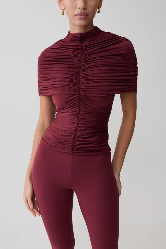 Linh Slinky High Neck Gathered Top – Mahogany Linh Slinky High Neck Gathered Top – Mahogany
