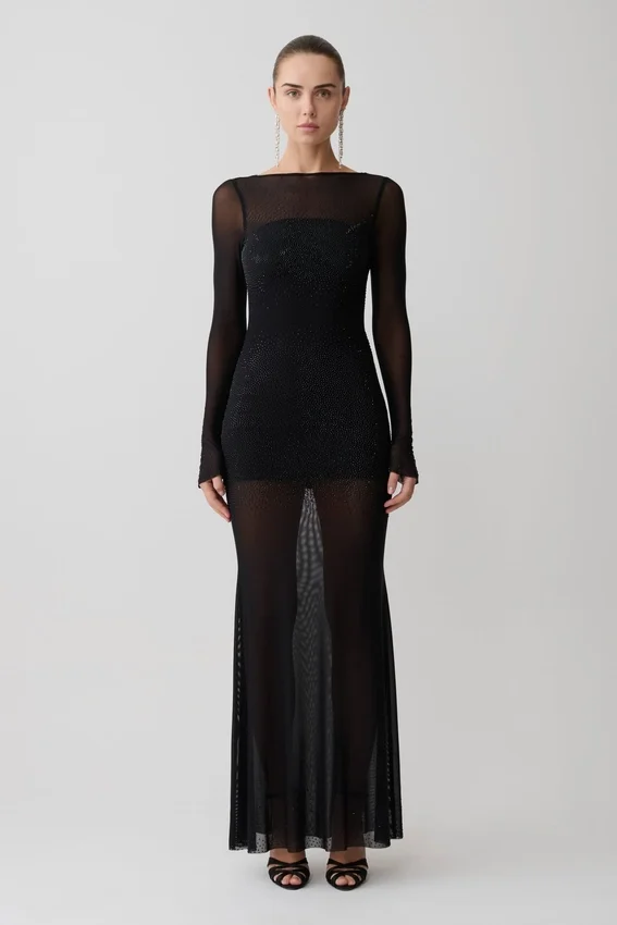 Lior Mesh Maxi Dress With Hotfix – Black Lior Mesh Maxi Dress With Hotfix – Black