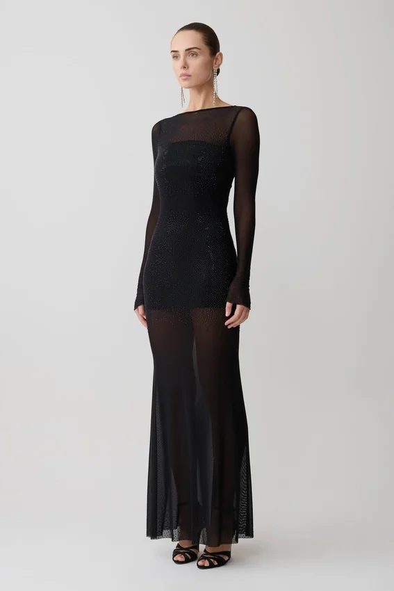 Lior Mesh Maxi Dress With Hotfix – Black Lior Mesh Maxi Dress With Hotfix – Black