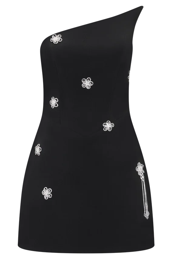 Liva Strapless Diamante Floral Trim Mini Dress – Black Liva Strapless Diamante Floral Trim Mini Dress – Black