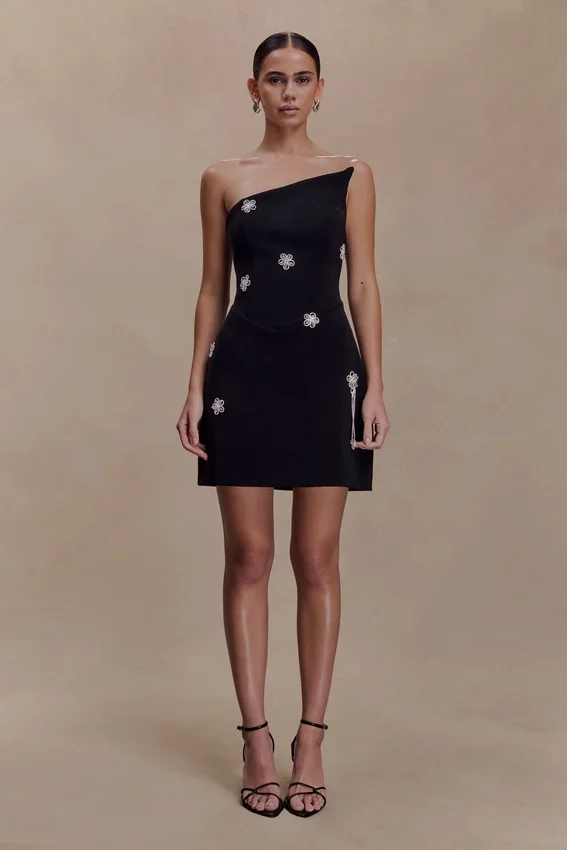 Liva Strapless Diamante Floral Trim Mini Dress – Black Liva Strapless Diamante Floral Trim Mini Dress – Black