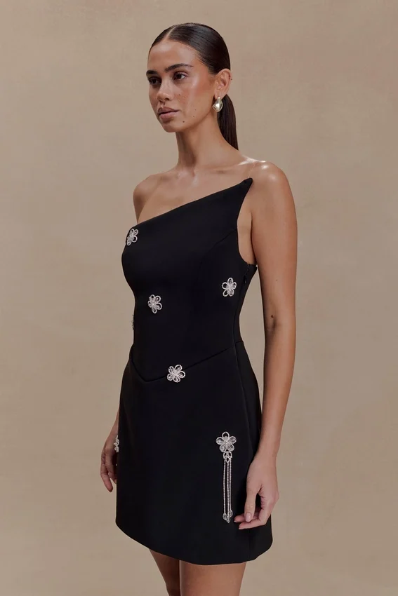 Liva Strapless Diamante Floral Trim Mini Dress – Black Liva Strapless Diamante Floral Trim Mini Dress – Black