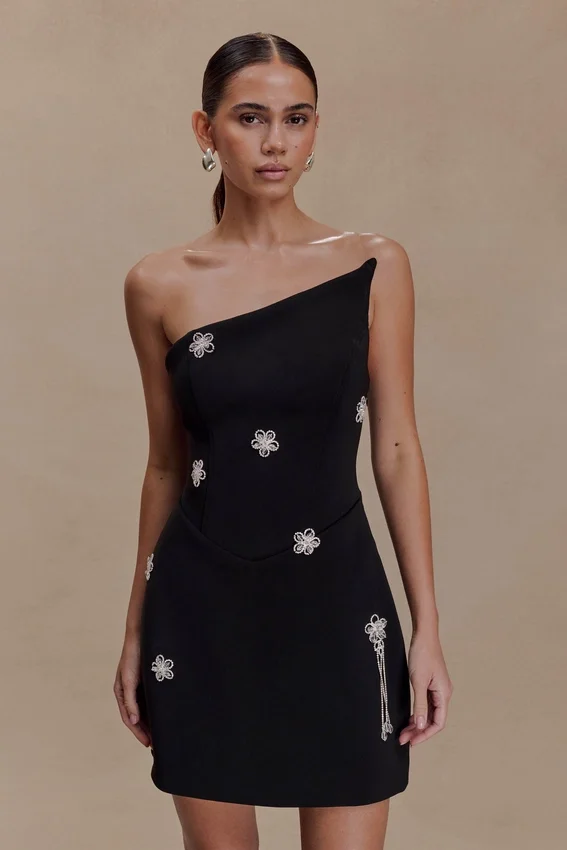 Liva Strapless Diamante Floral Trim Mini Dress – Black Liva Strapless Diamante Floral Trim Mini Dress – Black
