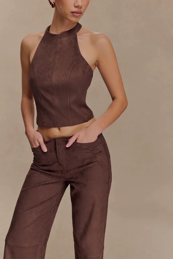 Logan Faux Suede Halter Top – Dark Chocolate Logan Faux Suede Halter Top – Dark Chocolate