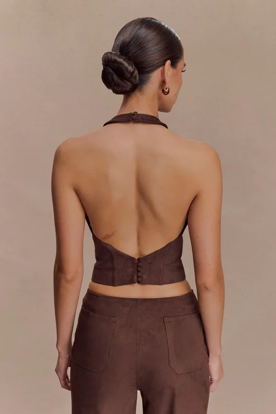 Logan Faux Suede Halter Top – Dark Chocolate Logan Faux Suede Halter Top – Dark Chocolate