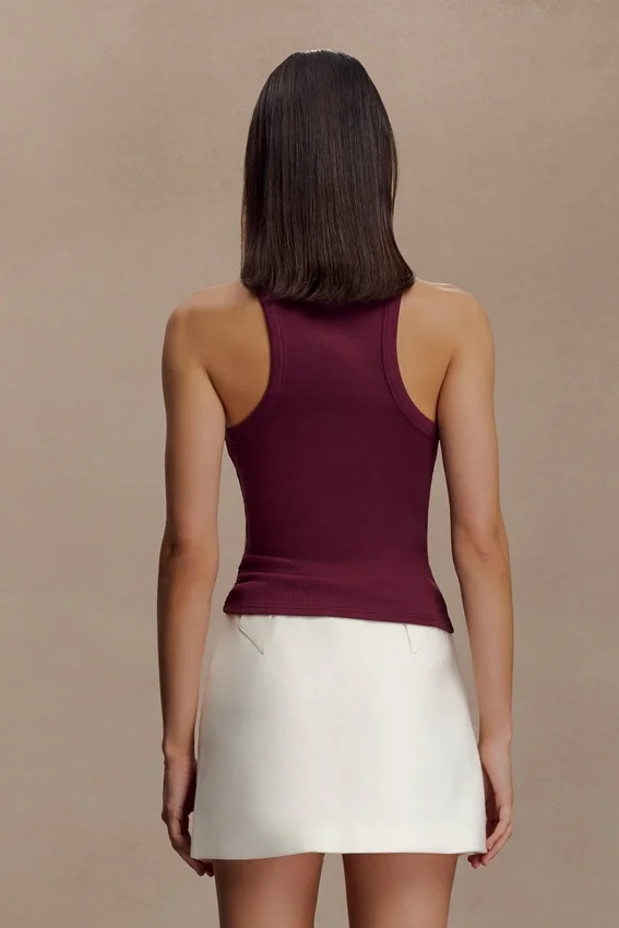 Lola Ribbed Sleeveless Top With Hardware – Burgundy Lola Ribbed Sleeveless Top With Hardware – Burgundy