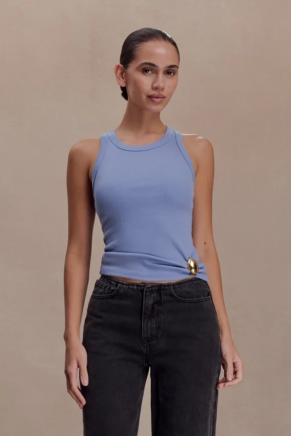Lola Ribbed Sleeveless Top With Hardware – Cornflower Blue Lola Ribbed Sleeveless Top With Hardware – Cornflower Blue