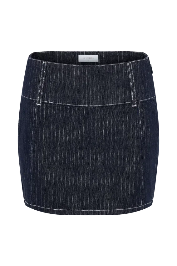 Loraine Mid Rise Denim Mini Skirt – Indigo Pinstripe Loraine Mid Rise Denim Mini Skirt – Indigo Pinstripe