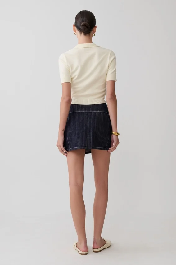 Loraine Mid Rise Denim Mini Skirt – Indigo Pinstripe Loraine Mid Rise Denim Mini Skirt – Indigo Pinstripe