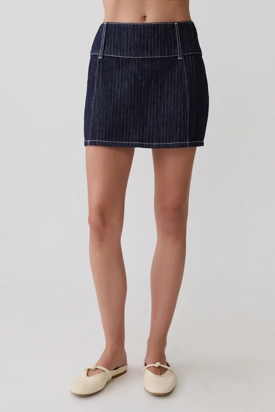 Loraine Mid Rise Denim Mini Skirt – Indigo Pinstripe Loraine Mid Rise Denim Mini Skirt – Indigo Pinstripe