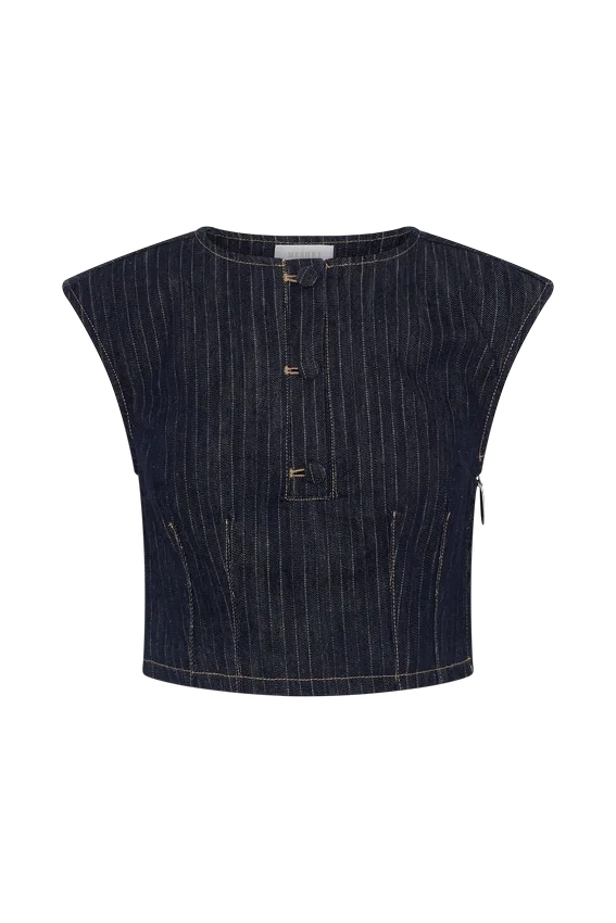 Loraine Sleeveless Denim Top – Indigo Pinstripe Loraine Sleeveless Denim Top – Indigo Pinstripe