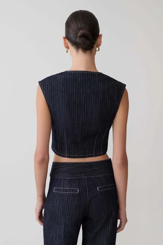 Loraine Sleeveless Denim Top – Indigo Pinstripe Loraine Sleeveless Denim Top – Indigo Pinstripe