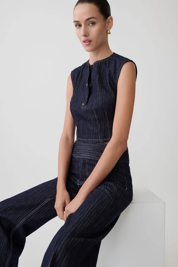Loraine Sleeveless Denim Top – Indigo Pinstripe Loraine Sleeveless Denim Top – Indigo Pinstripe