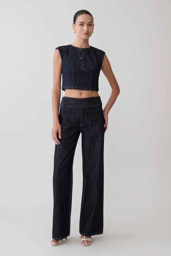 Loraine Sleeveless Denim Top – Indigo Pinstripe Loraine Sleeveless Denim Top – Indigo Pinstripe