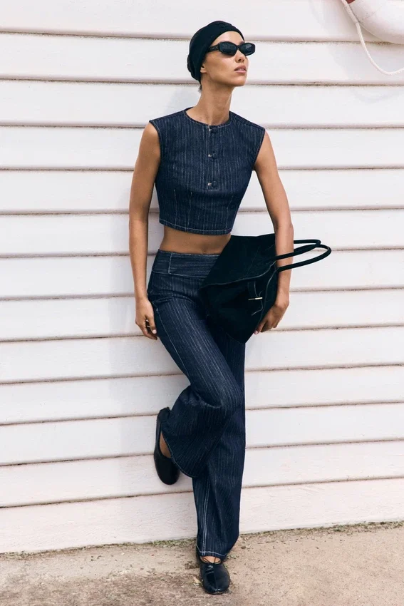 Loraine Sleeveless Denim Top – Indigo Pinstripe Loraine Sleeveless Denim Top – Indigo Pinstripe