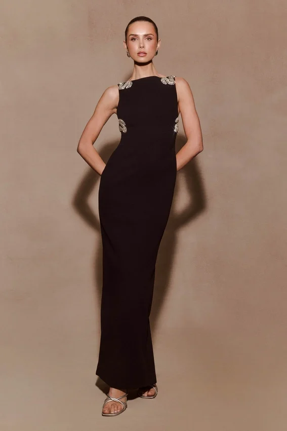 Lorde Embellished Crepe Maxi Dress – Black Lorde Embellished Crepe Maxi Dress – Black
