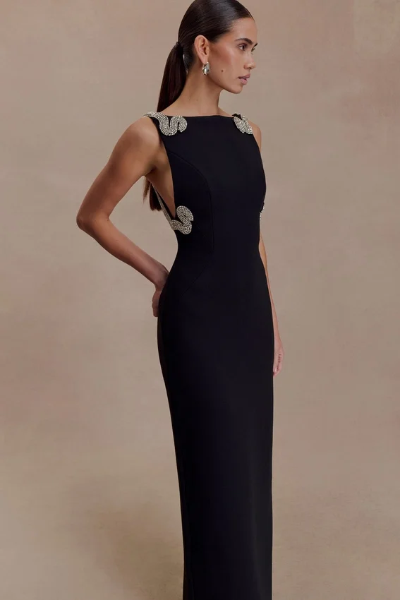 Lorde Embellished Crepe Maxi Dress – Black Lorde Embellished Crepe Maxi Dress – Black
