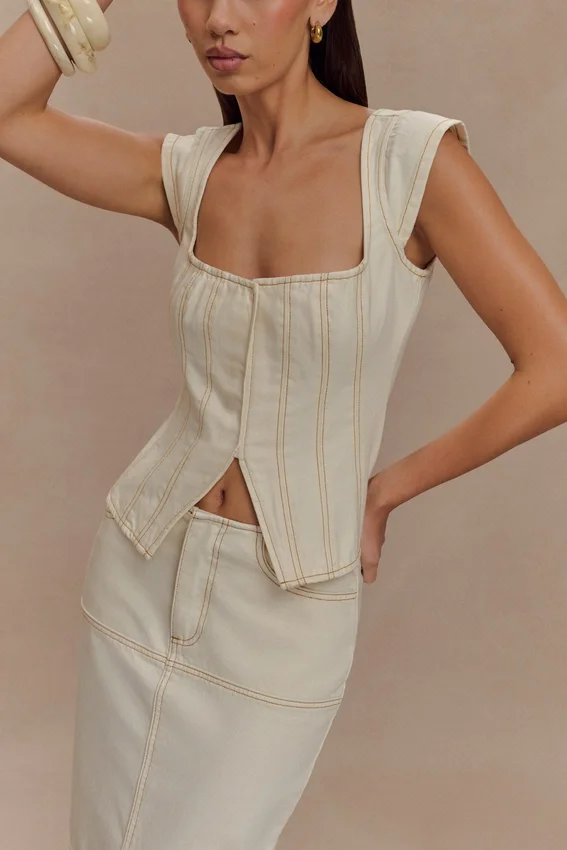 Loretta Cap Sleeve Denim Top – Ecru Loretta Cap Sleeve Denim Top – Ecru