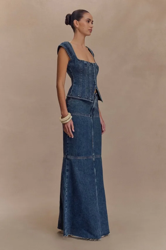 Loretta Cap Sleeve Denim Top – Washed Dark Blue Loretta Cap Sleeve Denim Top – Washed Dark Blue