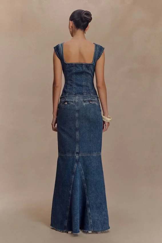 Loretta Cap Sleeve Denim Top – Washed Dark Blue Loretta Cap Sleeve Denim Top – Washed Dark Blue