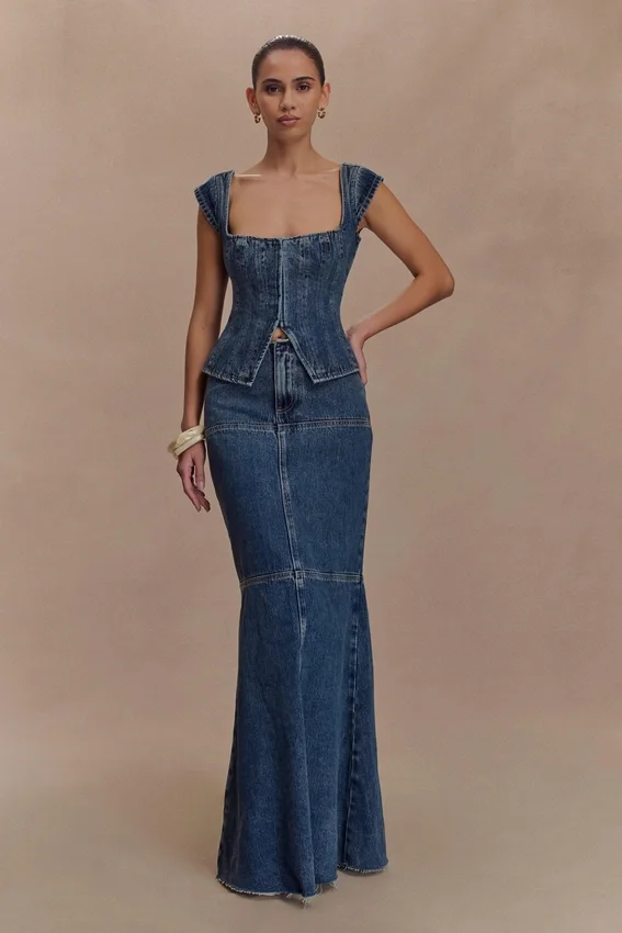 Loretta Cap Sleeve Denim Top – Washed Dark Blue Loretta Cap Sleeve Denim Top – Washed Dark Blue