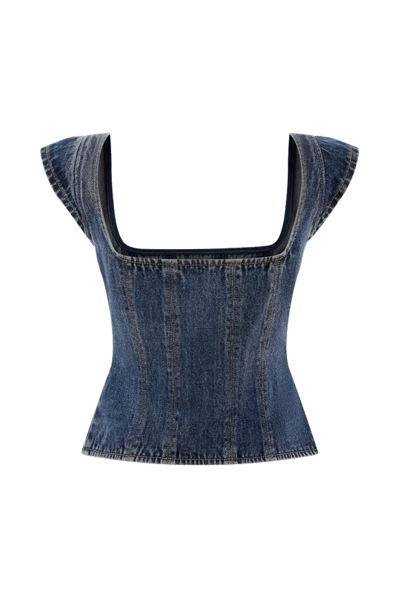 Loretta Cap Sleeve Denim Top – Washed Dark Blue Loretta Cap Sleeve Denim Top – Washed Dark Blue