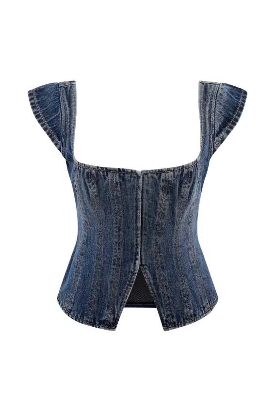 Loretta Cap Sleeve Denim Top – Washed Dark Blue Loretta Cap Sleeve Denim Top – Washed Dark Blue