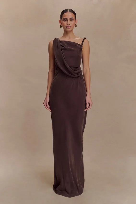 Lorieanne Draped Maxi Dress – Dark Chocolate Lorieanne Draped Maxi Dress – Dark Chocolate