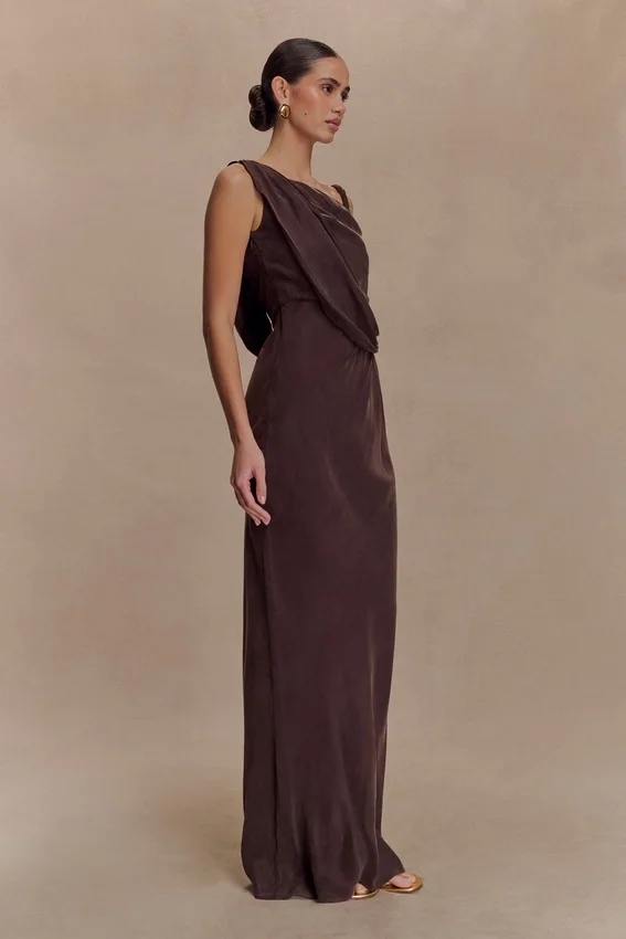 Lorieanne Draped Maxi Dress – Dark Chocolate Lorieanne Draped Maxi Dress – Dark Chocolate
