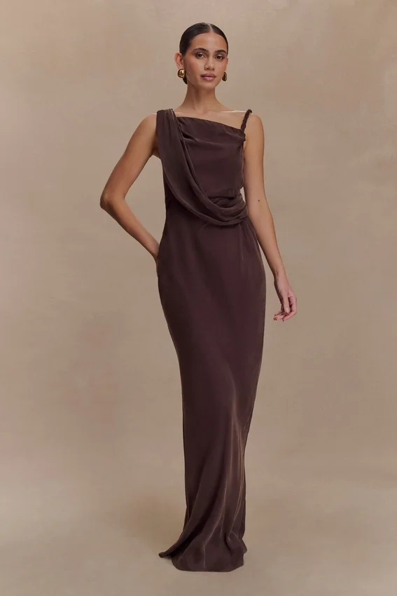 Lorieanne Draped Maxi Dress – Dark Chocolate Lorieanne Draped Maxi Dress – Dark Chocolate