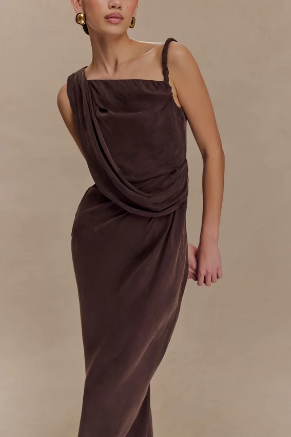 Lorieanne Draped Maxi Dress – Dark Chocolate Lorieanne Draped Maxi Dress – Dark Chocolate